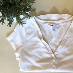 Cream Henley v-neck T-shirt